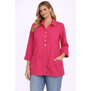Fridaze Womens Button Front Linen Blouse 3/4 Sleeve Collared Size Medium Pink